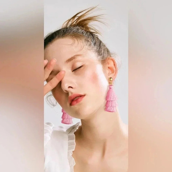 Gold Plated Pink Tassel Dangle Earrings - Picture 3 of 3